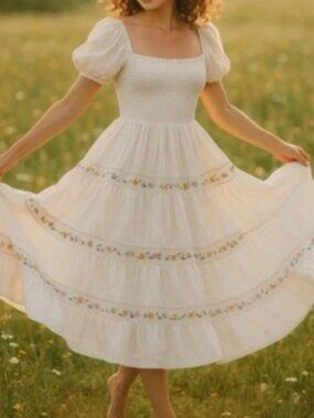 Rachel Zoe White Smocked Cottagecore Cotton Tiered Maxi Dress Size 4